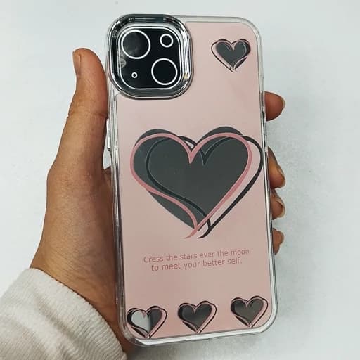 گارد گوشی Iphone 15/Iphone 14/Iphone 13 طرح آیینه ای فانتزی مدل قلبی رنگ صورتی آیفون 13/14/15 نرمال قاب و کاور