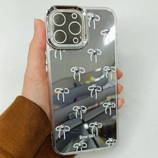 گارد گوشی Iphone 13 pro طرح آیینه ای فانتزی مدل پاپیون نگین دار رنگ سفید آیفون 13 پرو قاب و کاور