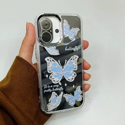 گارد گوشی Iphone 16 طرح آیینه ای مدل پروانه ای رنگ آبی آیفون 16 نرمال قاب و کاور