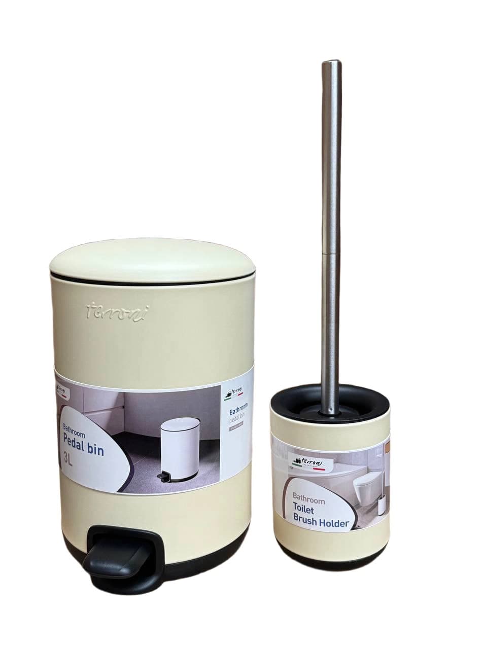 ست سطل و فرچه توالت گرد 3 لیتر ترونی terroni مدل بارابانتیا BRABANTIA کد 855 رنگ وانیلی