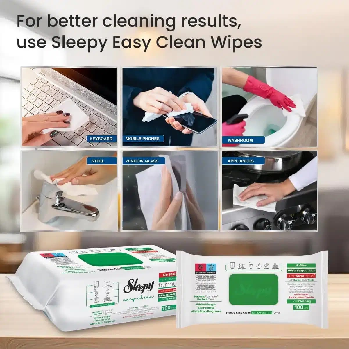 دستمال مرطوب اسلیپی Sleepy سبز مدل Easy Clean | بسته 100 عددی — تصویر ۳