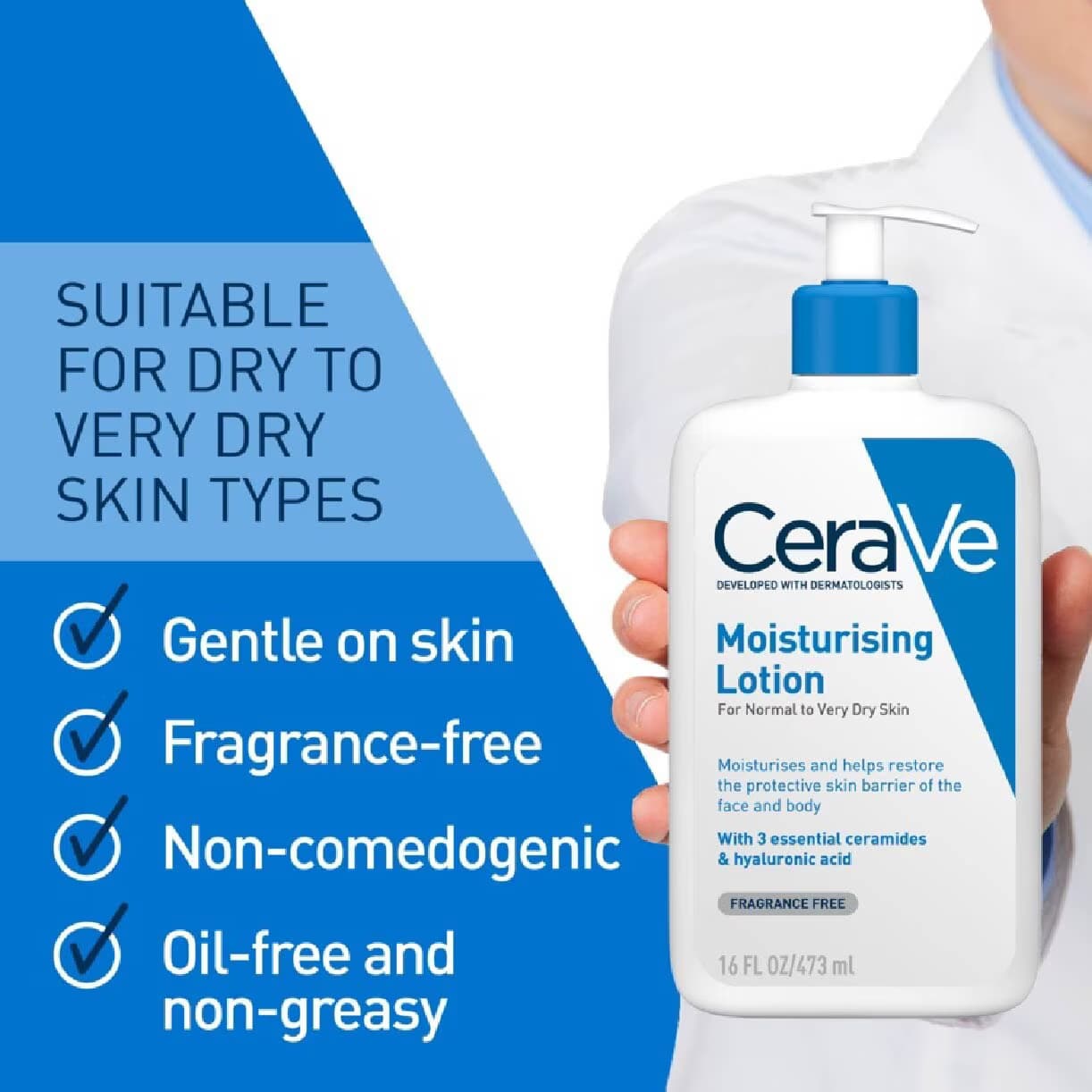 لوسیون مرطوب کننده سراوی Cerave مدل Moisturizing Lotion – مناسب پوستهای خشک تا خیلی خشک | حجم 236 میلیلیتر — تصویر ۳