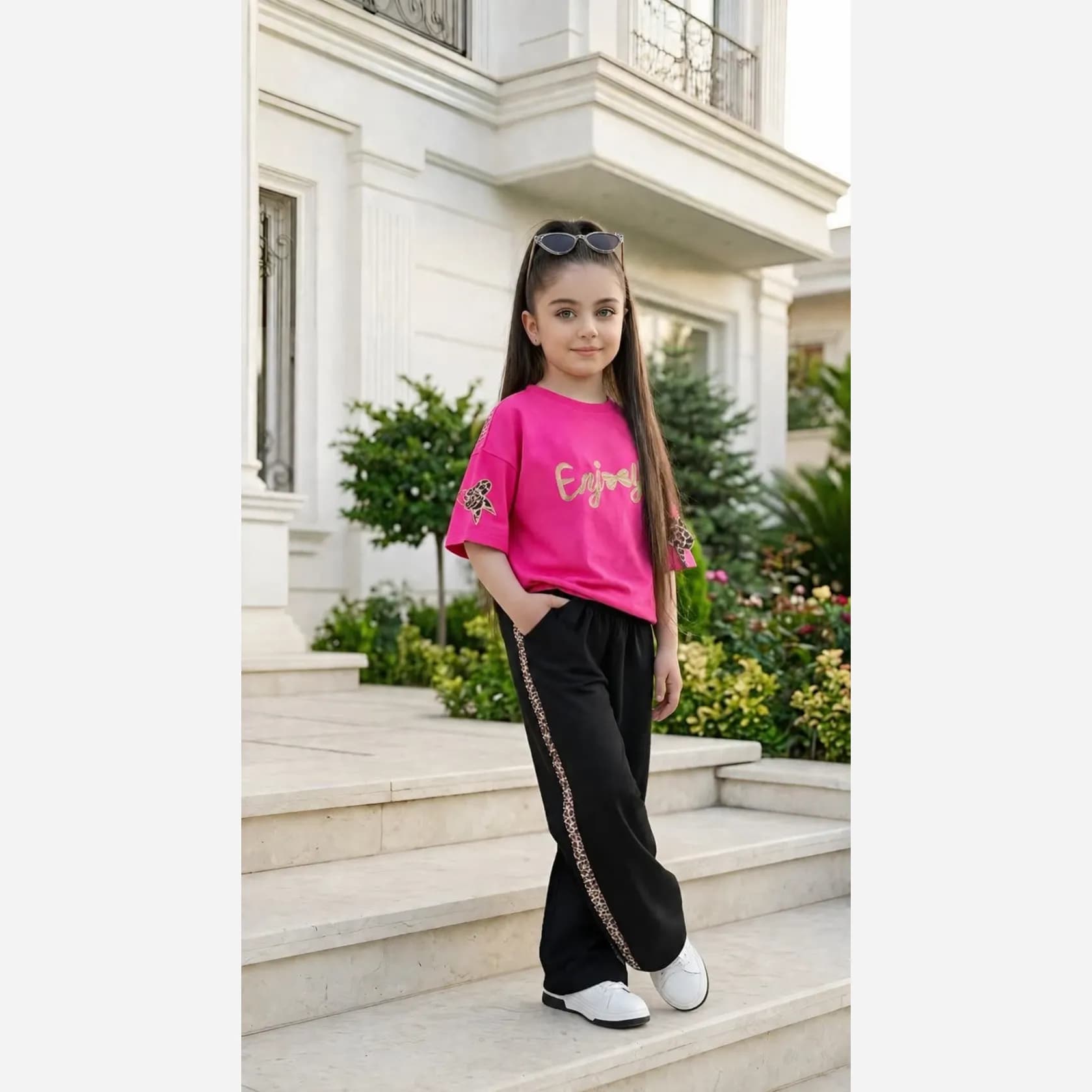 تیشرت شلوار دخترانه طرح enjoy سایزبندی 45 تا 65 بلوز پنبه و شلوار گلکسی خوش فرم — تصویر ۲