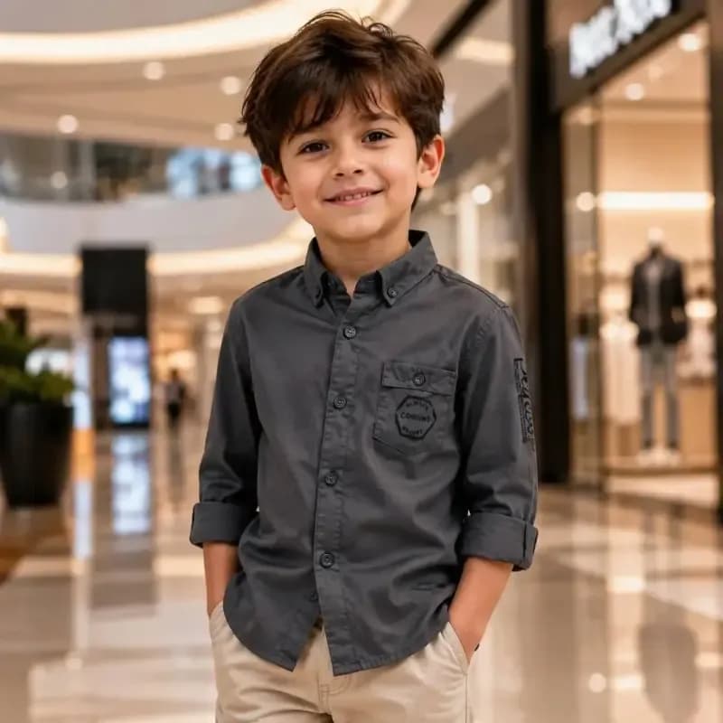 پیراهن اسپرت پسرانه و دخترانه طوسی روشن کتان ترک سایز 3 تا 12 سال — تصویر ۴