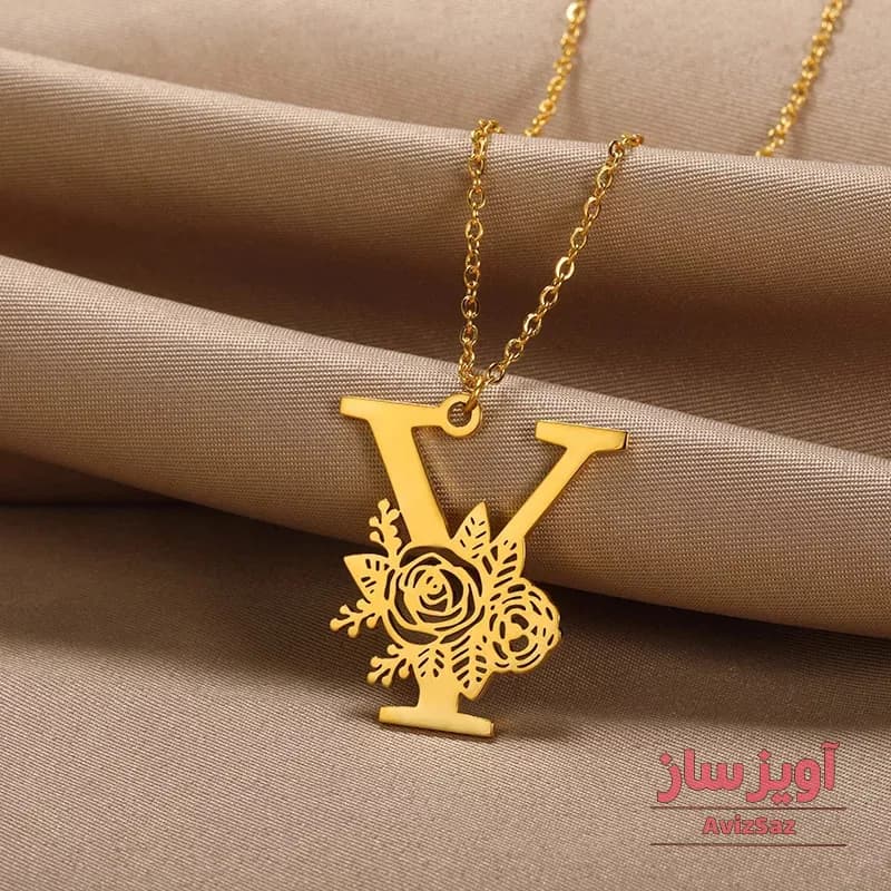 گردنبند حرف انگلیسی Y با طرح گل رز کد 102348