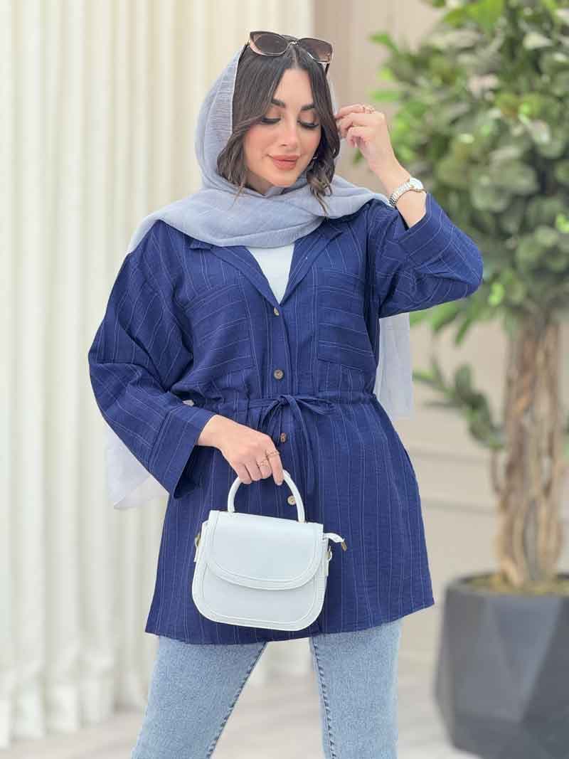 مانتو دو جیب کمرگت راه راه کد 6557 — تصویر ۸