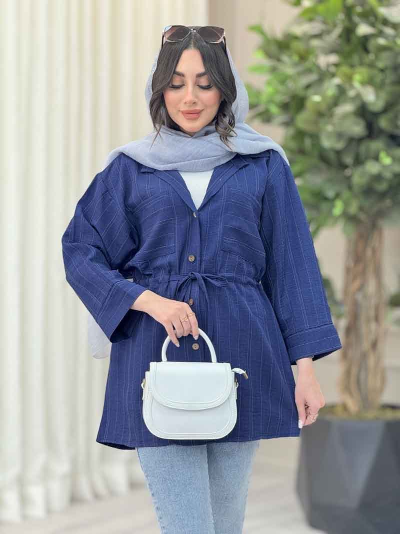 مانتو دو جیب کمرگت راه راه کد 6557 — تصویر ۲