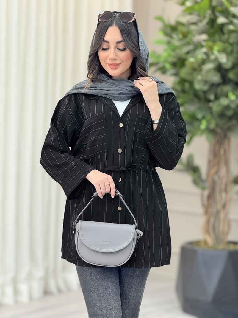 مانتو دو جیب کمرگت راه راه کد 6557 — تصویر ۳