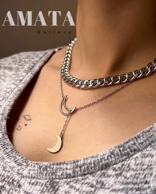 گردنبند دو ردیفه کارتیر و کرواتی ماه نقره ای