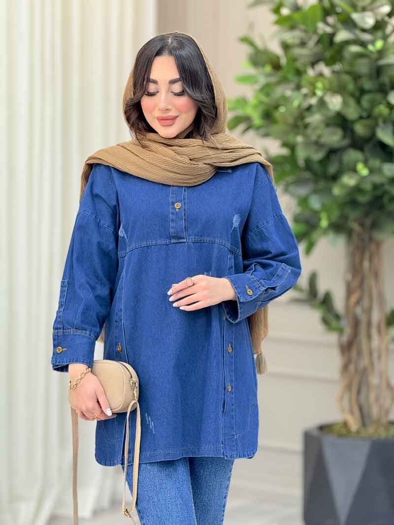 مانتو جین جلوبسته یقه دو دکمه کد 6419 — تصویر ۲