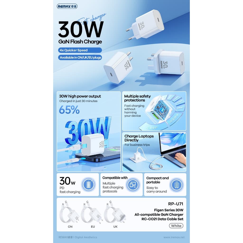 شارژر دیواری 30 وات ریمکس مدل All-compatible GaN-RP-U71 به همراه کابل USB-C — تصویر ۴