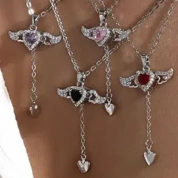 گردنبند و آویز زنانه و دخترانه آبکاری نقره قلب بال فرشته متحرک ضد حساسیت رنگ کاملا ثابت کد amp