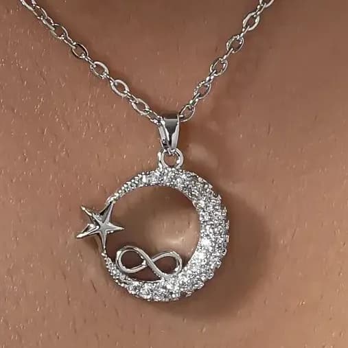 گردنبند و آویز زنانه و دخترانه آبکاری نقره طرح ماه و ستاره بینهایت ضد حساسیت رنگ کاملا ثابت کد amp