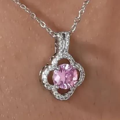 گردنبند و آویز زنانه و دخترانه آبکاری نقره ونکلیف با نگین صورتی ضد حساسیت رنگ ثابت کد amp