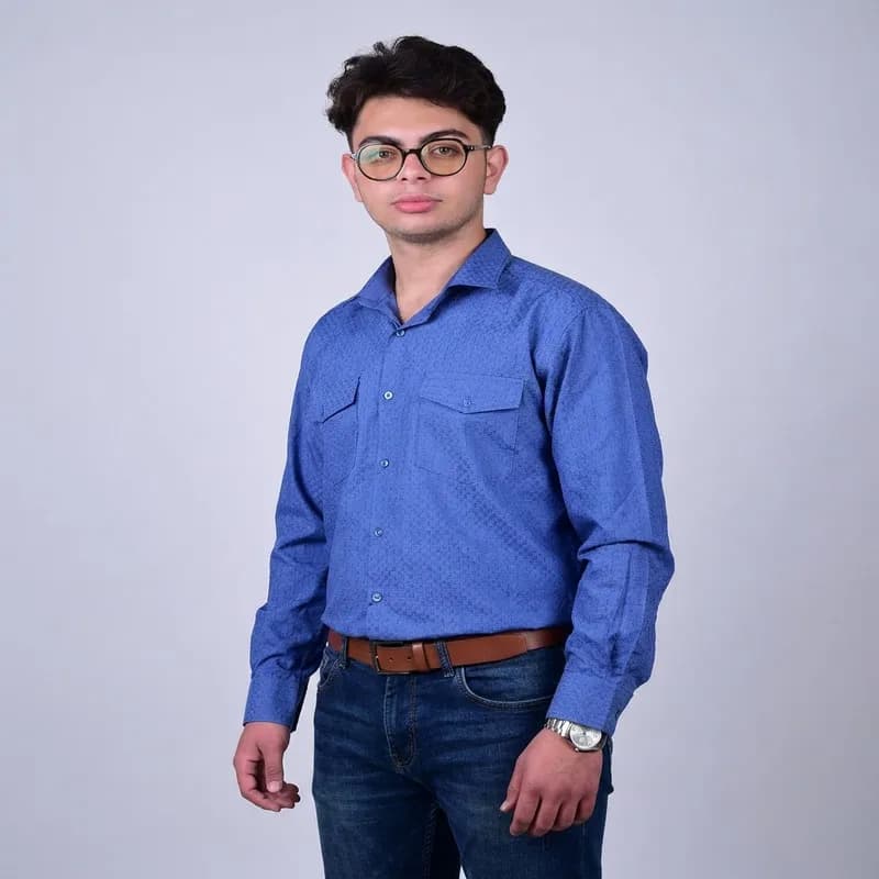 پیراهن مردانه آستین بلند تترون دو جیب مدل بافت خاویاری چهارخانه رگولار فیت — تصویر ۷
