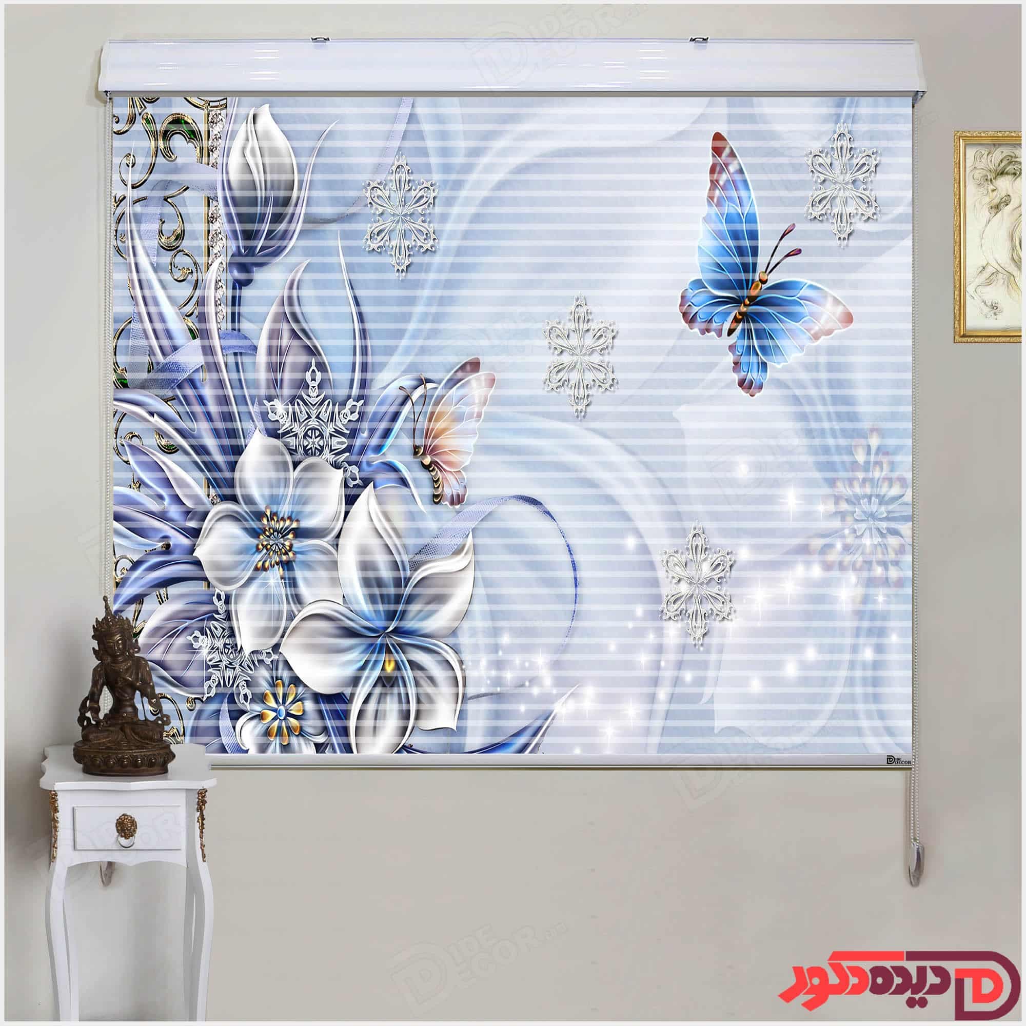 پرده زبرا دومکانیزم تصویری گل آبی کد 3DP-107