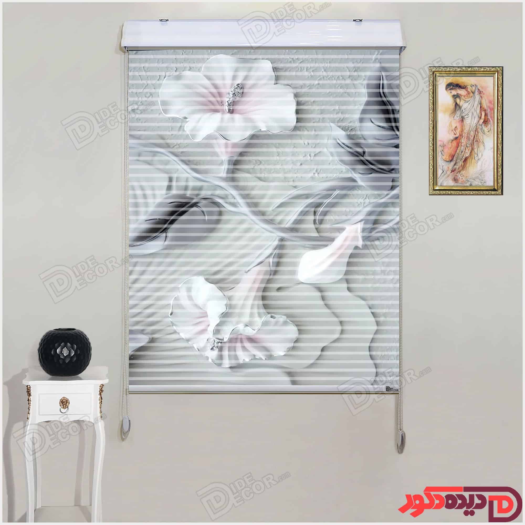 پرده زبرا دومکانیزم تصویری چاپی گل شیپوری کد AZD-75