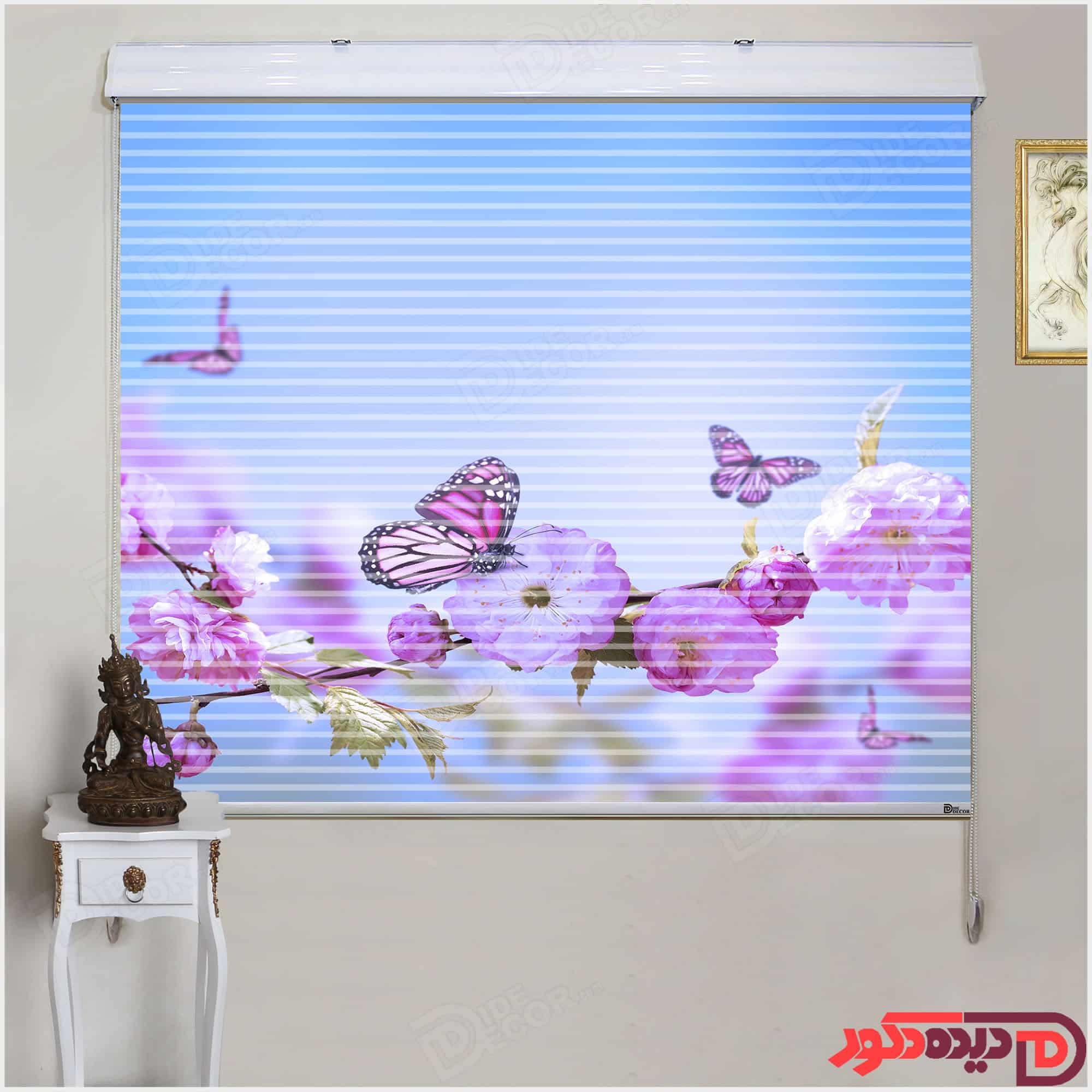 پرده زبرا دومکانیزم تصویری چاپی گل بنفش کد AZD-38