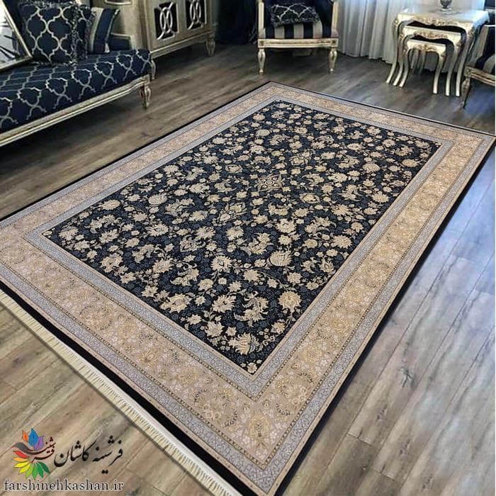 فرش جدید 700 شانه طلاکوب طرح فرنوش زمینه سرمه ای