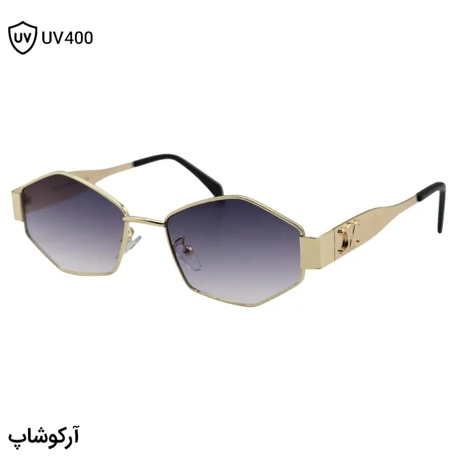 عینک آفتابی ترند سلین (CELINE) با فریم شکل چندضلعی و هندسی، رنگ طلایی براق و لنز بنفش هایلایت مدل CEN008