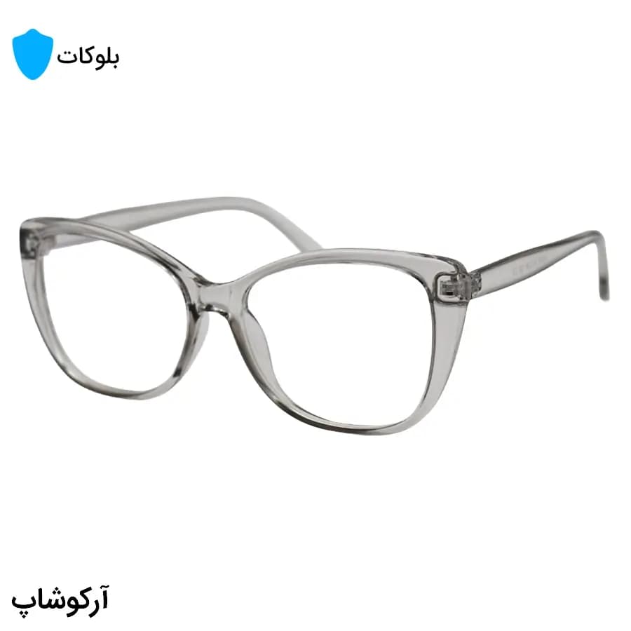 عینک زنانه با فریم طوسی رنگ، شکل چشم گربه‌ای، از جنس کائوچو و لنز بلوکات مدل 20388