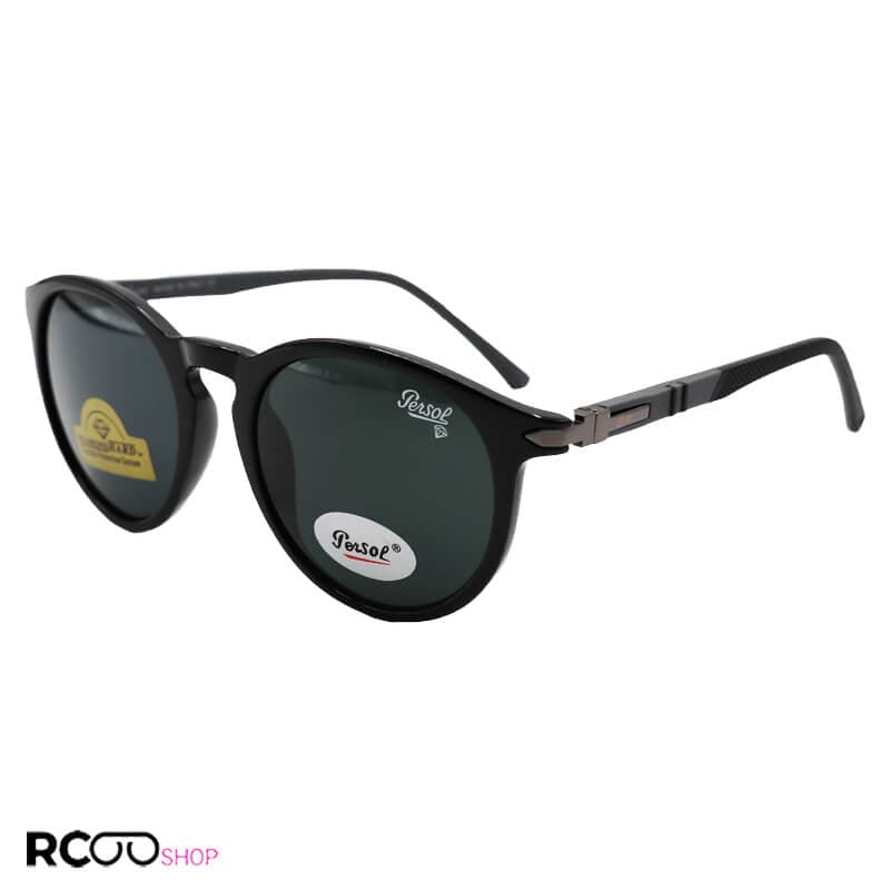 عینک آفتابی گرد PERSOL با فریم TR مشکی براق، لنز آنتی رفلکس، دودی تیره و دسته فنری مدل TR8084G