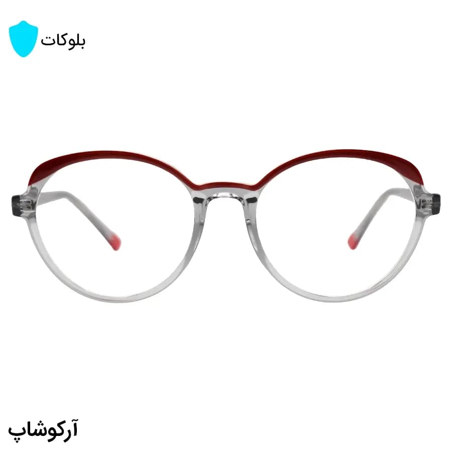 عینک زنانه با فریم دو رنگ طوسی و قرمز، شگل گرد و دایره‌ای، دسته سیم‌دار و لنز بلوکات و UV400 مدل 8329 — تصویر ۳