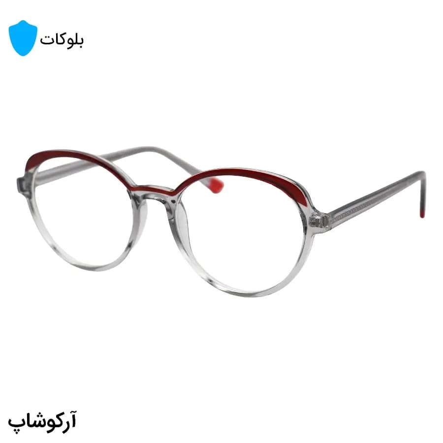 عینک زنانه با فریم دو رنگ طوسی و قرمز، شگل گرد و دایره‌ای، دسته سیم‌دار و لنز بلوکات و UV400 مدل 8329