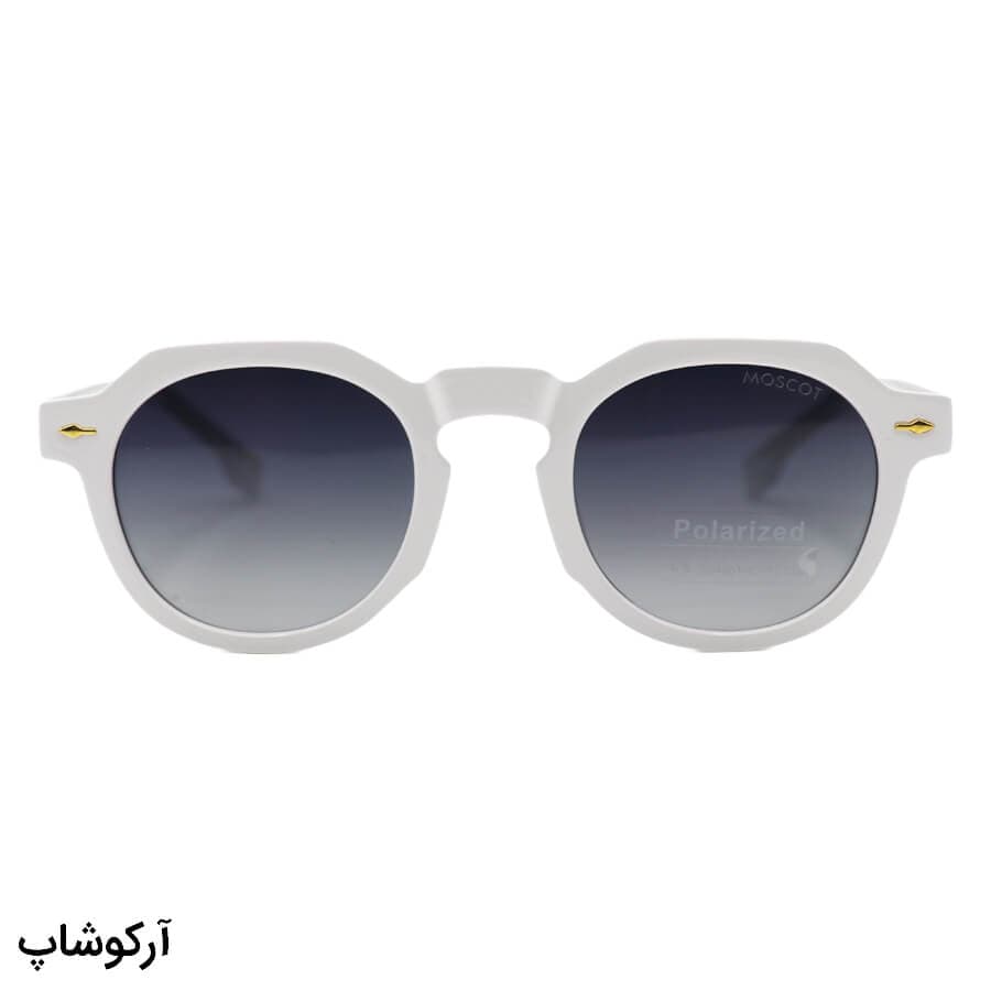 عینک آفتابی پلاریزه Moscot با فریم گرد، رنگ سفید، دسته سیمدار و لنز دودی سایه روشن مدل P1209 — تصویر ۳