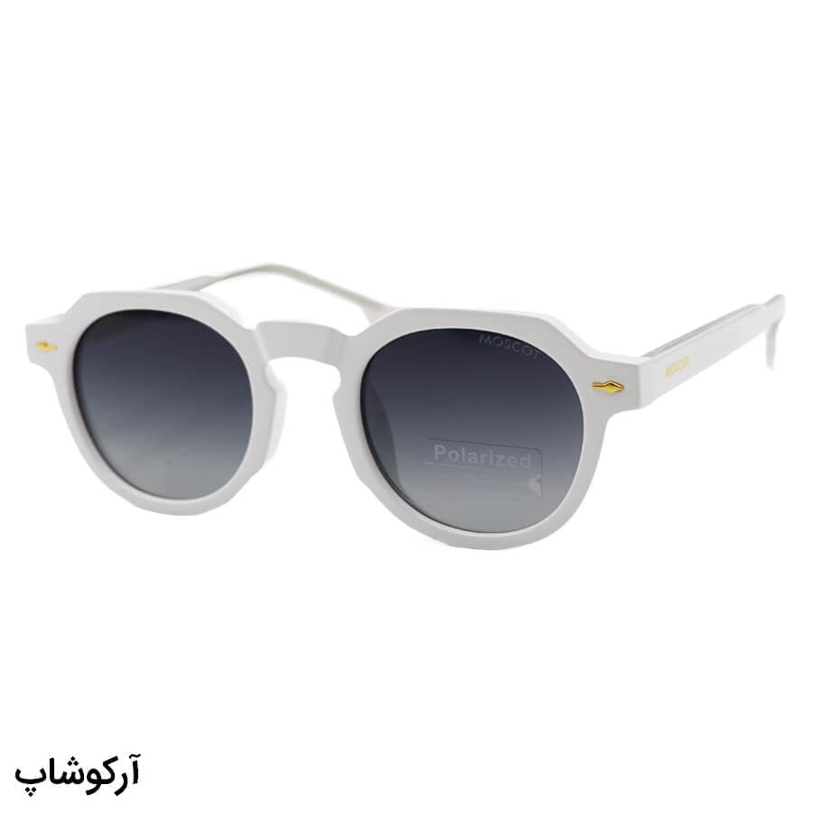 عینک آفتابی پلاریزه Moscot با فریم گرد، رنگ سفید، دسته سیم‌دار و لنز دودی سایه روشن مدل P1209