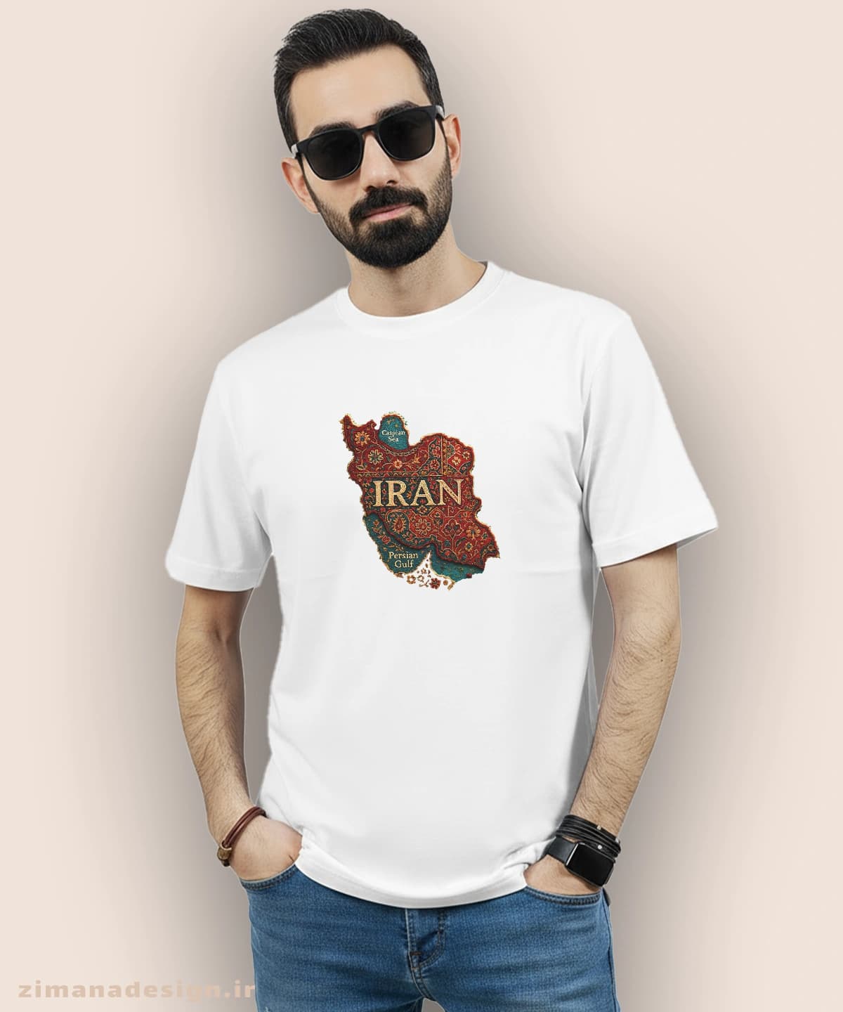 تیشرت مردانه و زنانه طرح نقشه ایران تلفیق با هنر فرش ایرانی — تصویر ۴
