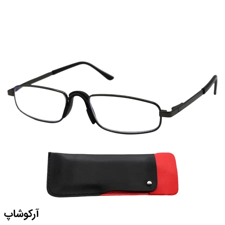 عینک مطالعه نزدیک بین نمره +2.00، با فریم مستطیلی، رنگ نوک مدادی، لولا فنردار و لنز بلوکات مدل RY3901