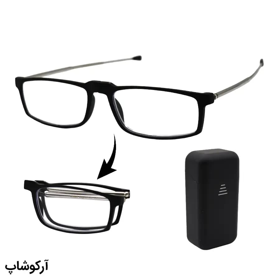 عینک مطالعه تاشو نزدیک بین نمره +2.50 با عدسی بلوکات، رنگ مشکی و دسته آنتنی و جمع‌شونده مدل TR101