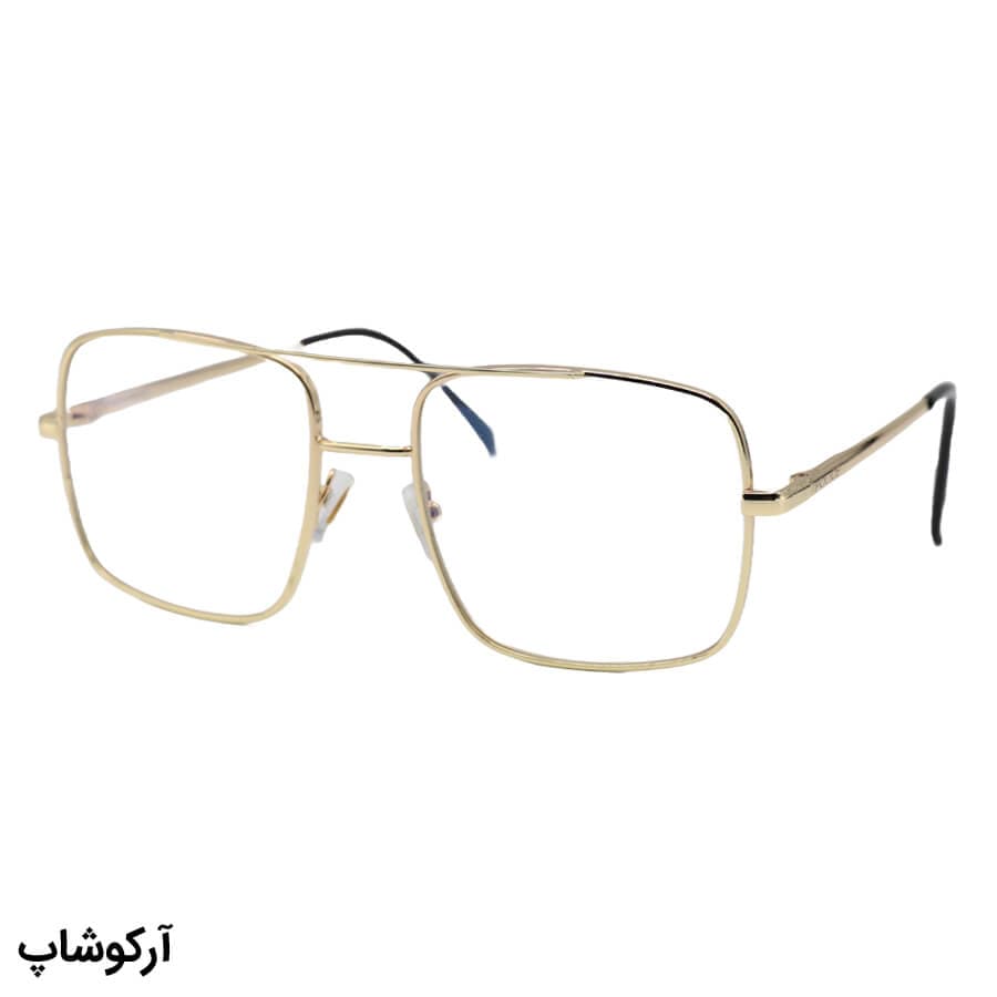 عینک برند پلیس با فریم طلایی رنگ، مربعی شکل و دسته فنری (لنز بلوکات و UV400) مدل 7032