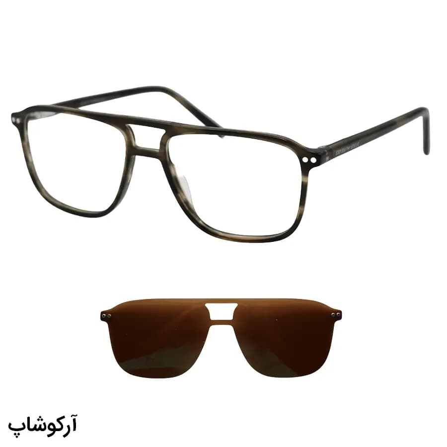 عینک طبی تک کاوره EMPORIO ARMANI با فریم رنگ قهوه‌ای براق، شکل خلبانی، دسته سیم‌دار و کاور قهوه‌ای تیره و پلاریزه مدل OLD025A