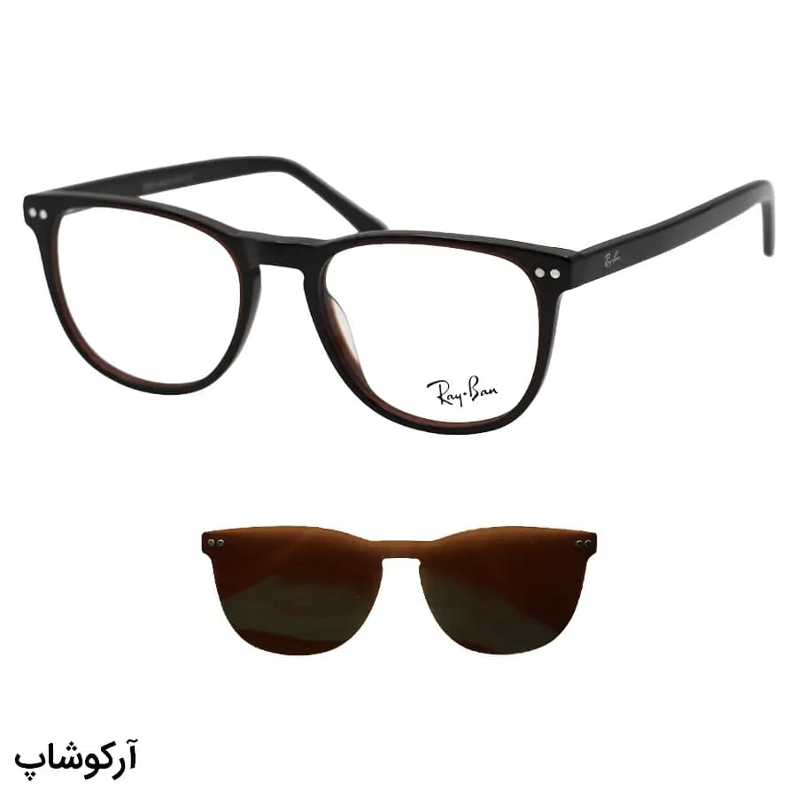 عینک طبی تک کاوره ریبن با فریم رنگ قهوه‌ای براق، شکل مربعی، دسته سیم‌دار، لولا فنردار و کاور قهوه‌ای تیره و پلاریزه مدل OLD010A