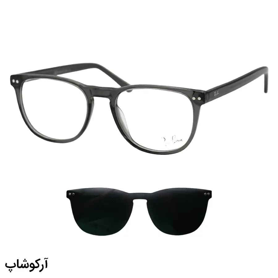 عینک طبی تک کاوره Ray-Ban با فریم رنگ طوسی براق، شکل مربعی، دسته سیم‌دار، لولا فنردار و کاور دودی تیره و پلاریزه مدل OLD010A