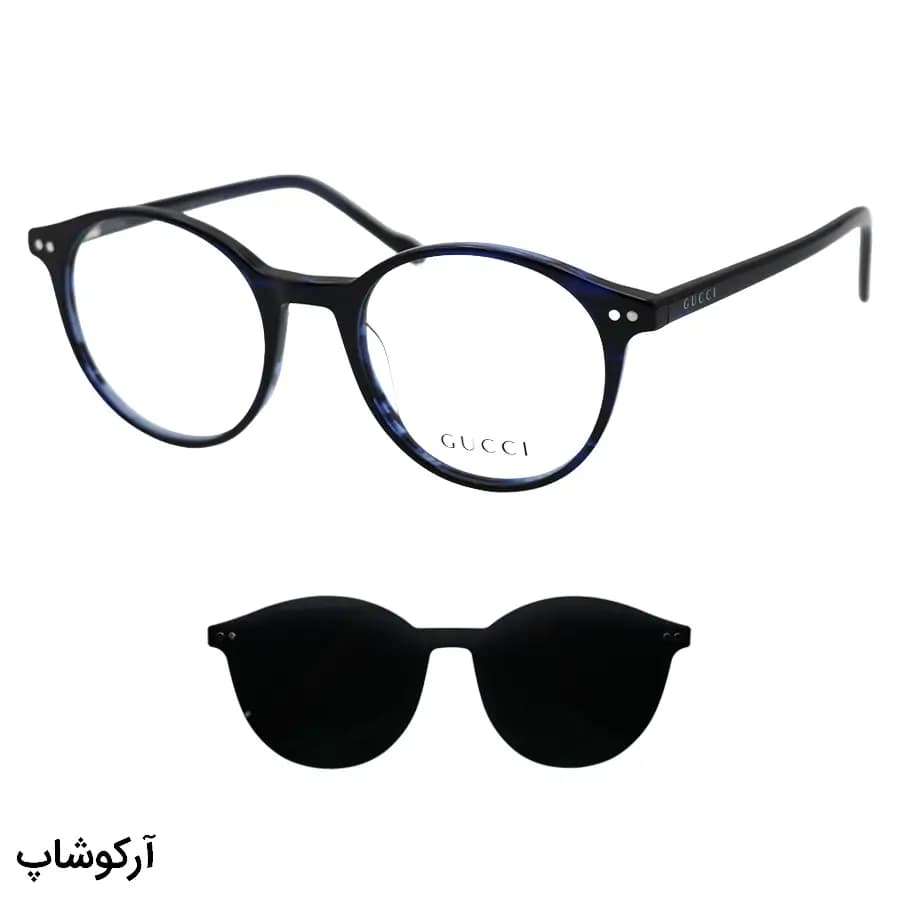 عینک طبی تک کاوره GUCCI با فریم رنگ آبی براق، شکل گرد، دسته سیم‌دار، لولا فنردار و کاور دودی تیره و پلاریزه مدل OLD033A
