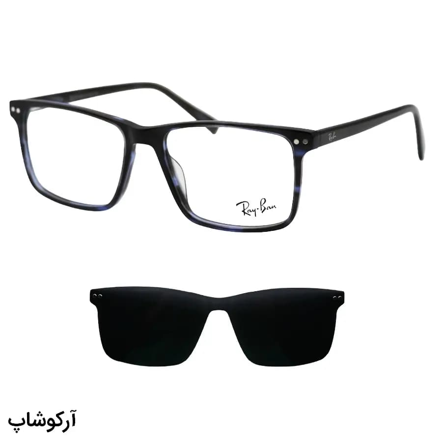 عینک طبی تک کاوره Ray-Ban با فریم آبی رنگ، شکل مستطیلی، دسته سیم‌دار، طوسی رنگ، لولا فنری و کاور دودی تیره و پلاریزه مدل OLD023A