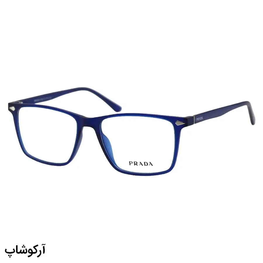 عینک طبی تک کاوره Prada با فریم رنگ آبی مات، شکل مستطیلی و کاور دودی تیره و پلاریزه مدل 7701 — تصویر ۴