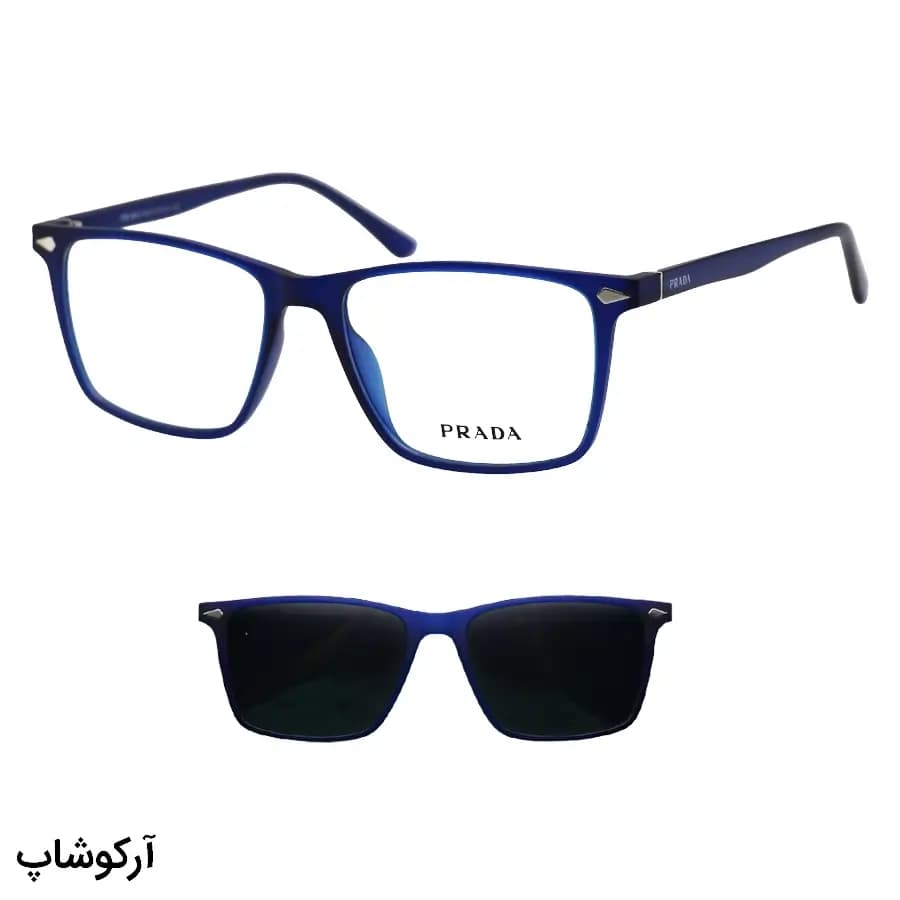 عینک طبی تک کاوره Prada با فریم رنگ آبی مات، شکل مستطیلی و کاور دودی تیره و پلاریزه مدل 7701