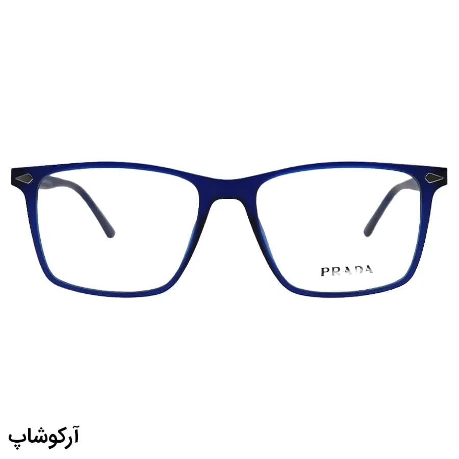 عینک طبی تک کاوره Prada با فریم رنگ آبی مات، شکل مستطیلی و کاور دودی تیره و پلاریزه مدل 7701 — تصویر ۳