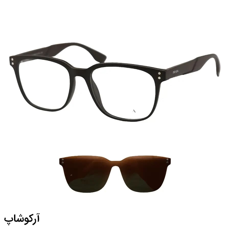 عینک طبی تک کاوره Prada با فریم رنگ قهوه‌ای مات، شکل مربعی و کاور قهوه‌ای تیره و پلاریزه مدل OLD6135S