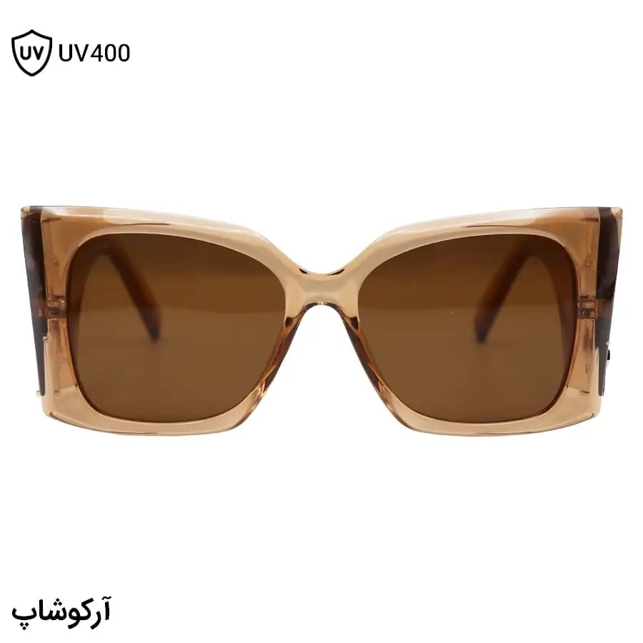 عینک آفتابی فانتزی YSL با فریم عسلی براق، شکل چشم گربهای، اور سایز و دسته پهن و لنز قهوهای تیره مدل 6001 — تصویر ۳