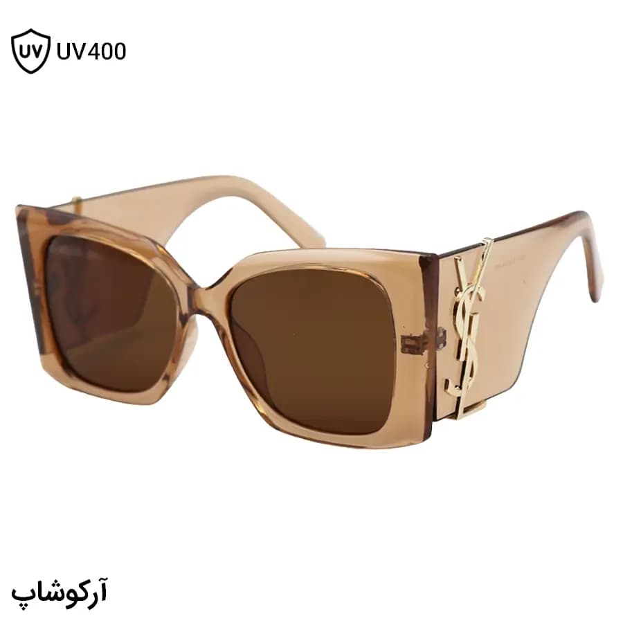 عینک آفتابی فانتزی YSL با فریم عسلی براق، شکل چشم گربهای، اور سایز و دسته پهن و لنز قهوهای تیره مدل 6001