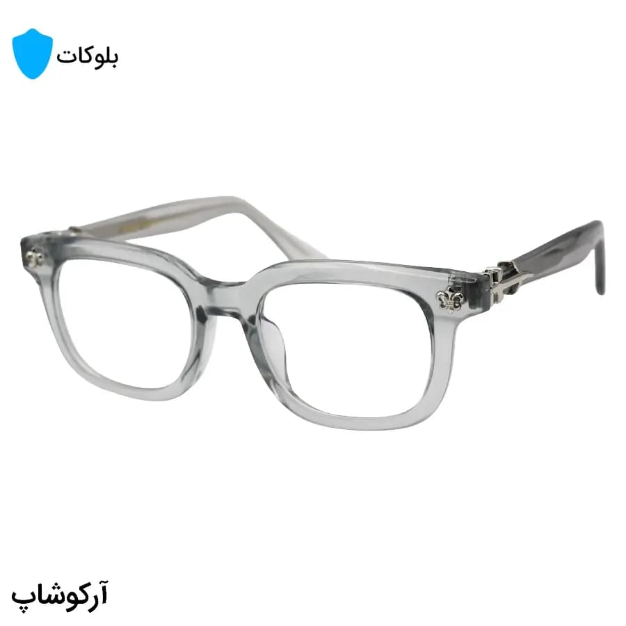عینک برند Chrome Hearts با فریم مستطیلی شکل، رنگ طوسی و نقرهای، دسته سیمدار و لنز بلوکات مدل 9203