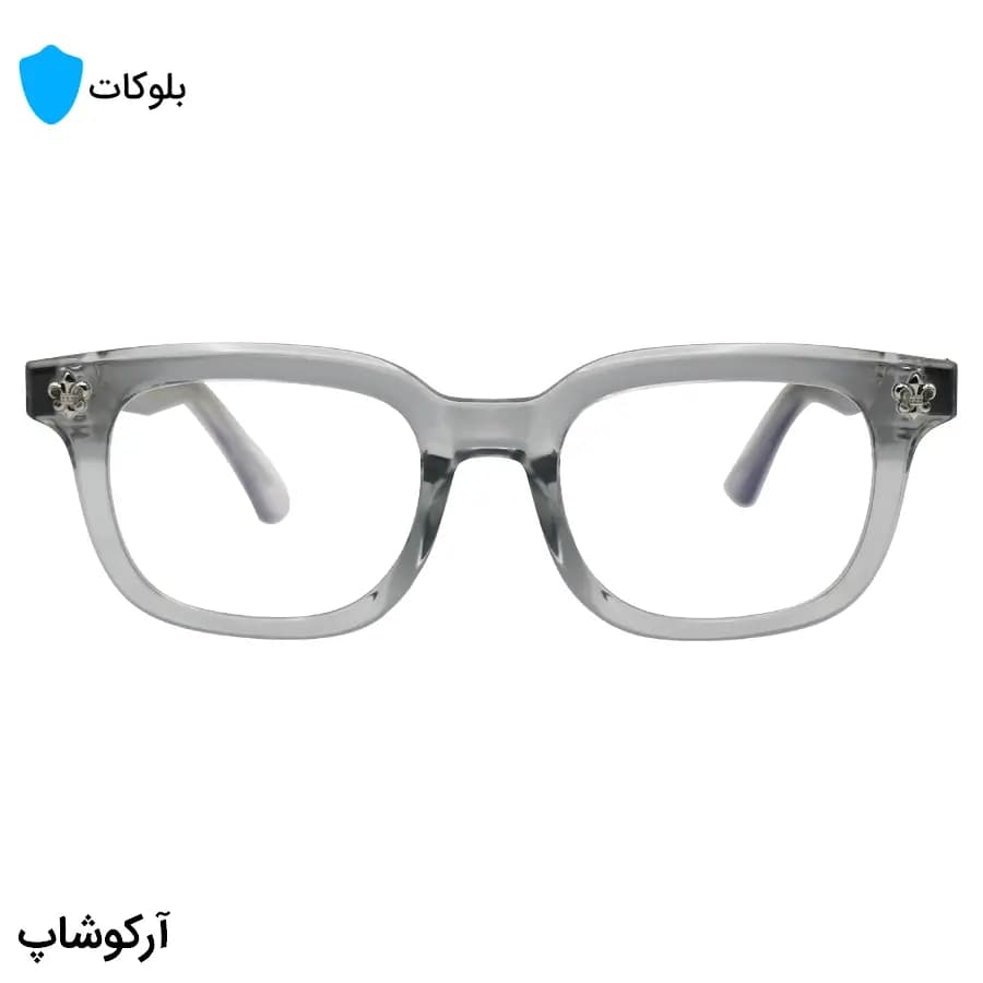 عینک برند Chrome Hearts با فریم مستطیلی شکل، رنگ طوسی و نقره‌ای، دسته سیم‌دار و لنز بلوکات مدل 9203 — تصویر ۳