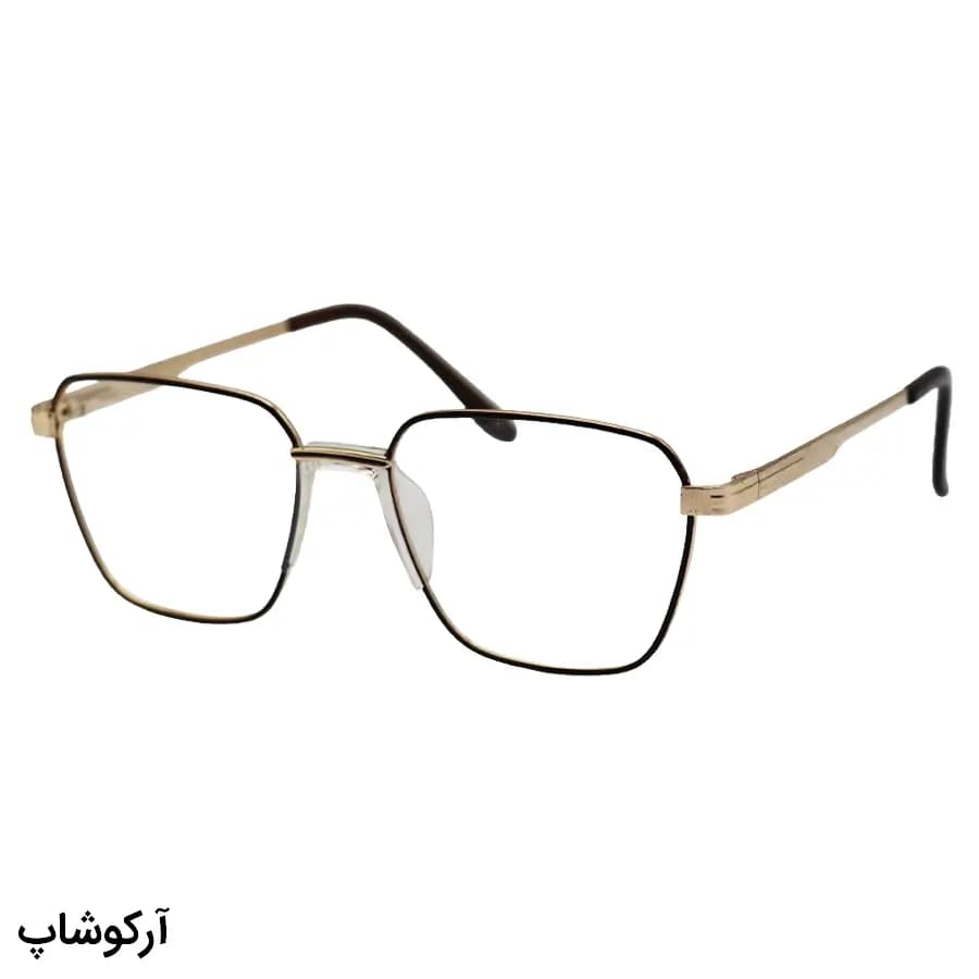 فریم عینک طبی با فریم رنگ طلایی و قهوه‌ای، شکل چندضلعی، از جنس فلزی و لولا فنردار مدل 2205