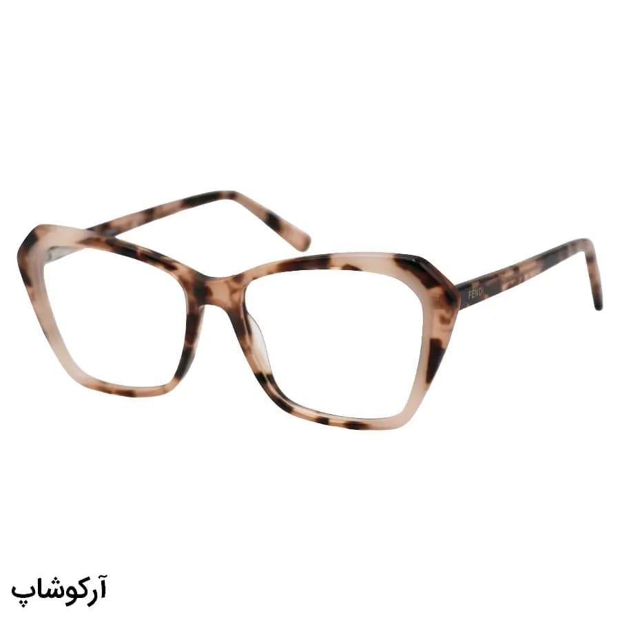 عینک طبی زنانه Fendi با فریم قهوه‌ای چندرنگ، شکل بال پروانه‌ای، از جنس استات و دسته سیم‌دار و لولا فنری مدل SL-A614