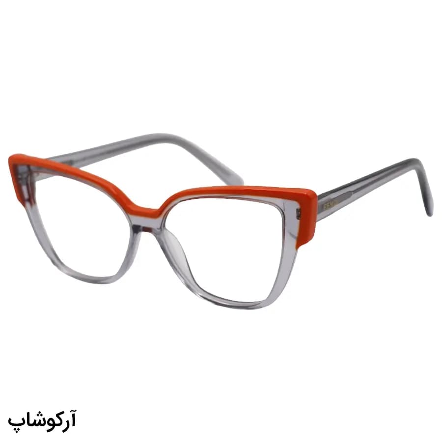 عینک طبی زنانه Fendi با فریم نارنجی و طوسی، شکل چشم گربه‌ای، از جنس استات و دسته رنگ طوسی و سیم‌دار و لولا فنری مدل LJ9016